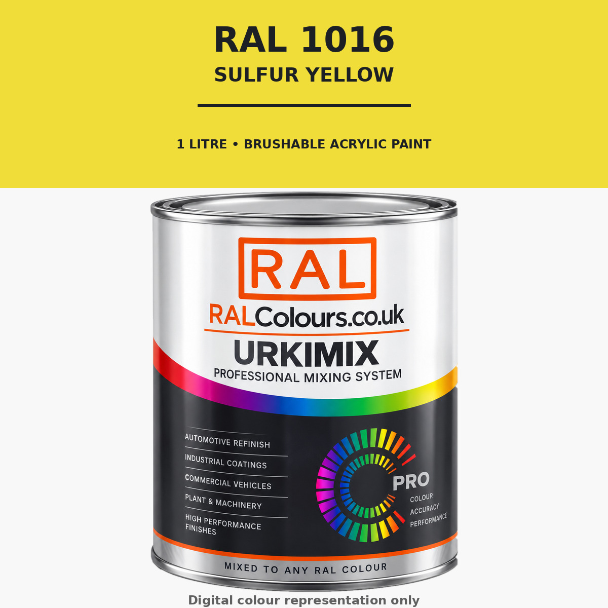 RAL 1016 Sulfur yellow Brushable Acrylic Paint 1 Litre Tin