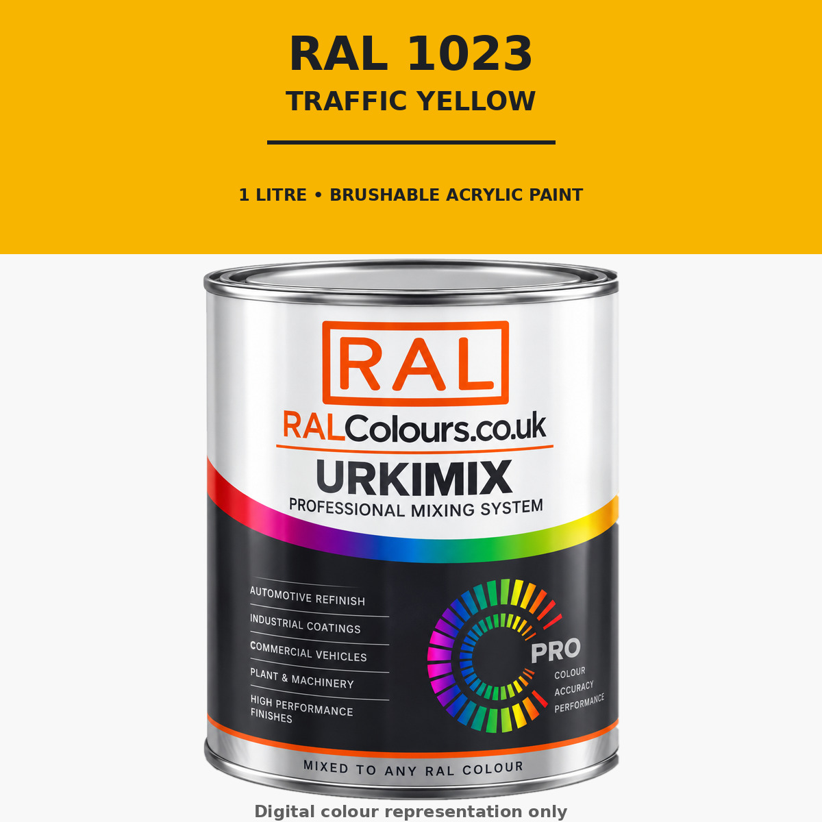 RAL 1023 Traffic yellow Brushable Acrylic Paint 1 Litre Tin