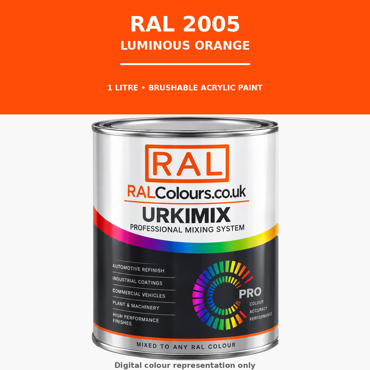 RAL 2005 Luminous orange Brushable Acrylic Paint 1 Litre Tin