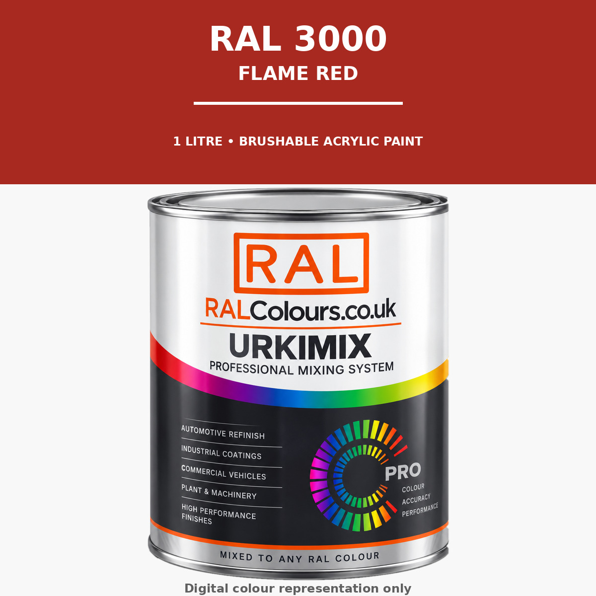 RAL 3000 Flame red Brushable Acrylic Paint 1 Litre Tin