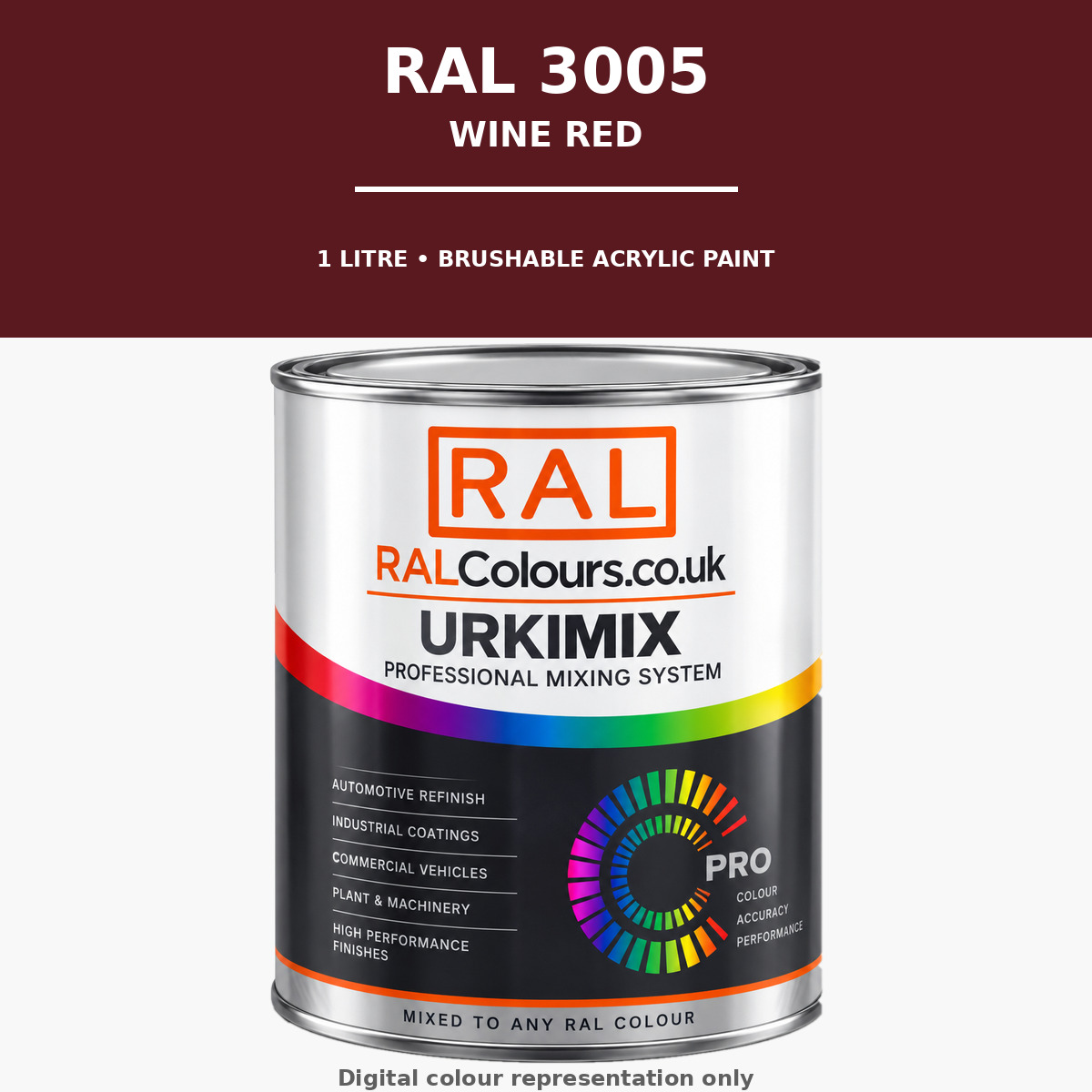 RAL 3005 Wine red Brushable Acrylic Paint 1 Litre Tin