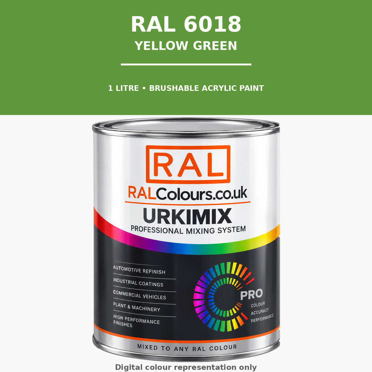 RAL 6018 Yellow green Brushable Acrylic Paint 1 Litre Tin