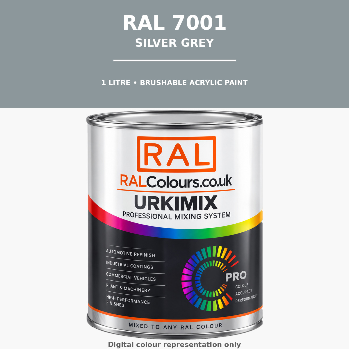 RAL 7001 Silver grey Brushable Acrylic Paint 1 Litre Tin