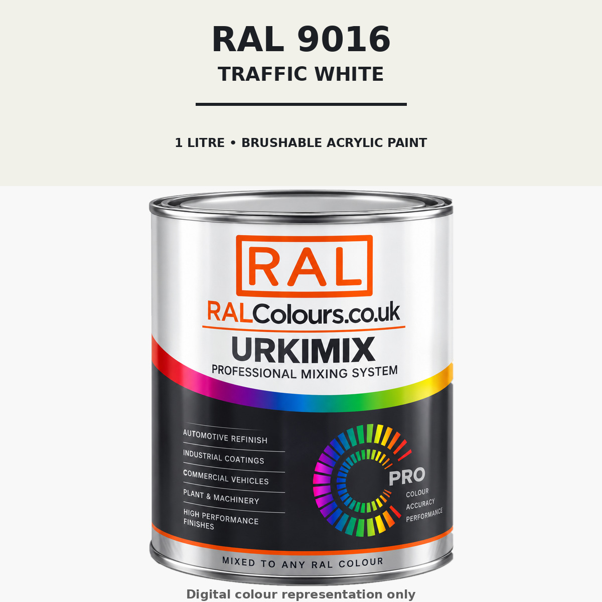 RAL 9016 Traffic white Brushable Acrylic Paint 1 Litre Tin
